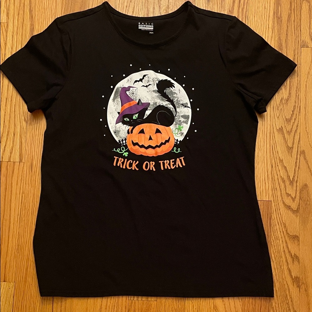 Basic Editions Black Halloween Tee with Pumpkin and Cat Design